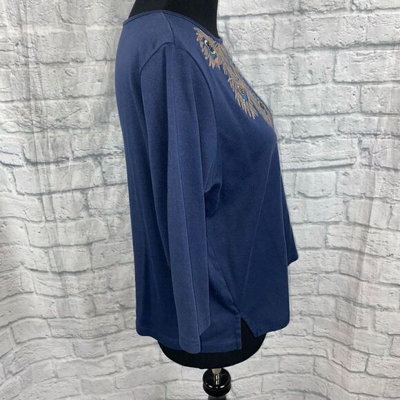 Peacock embroidered 3/4 sleeve blouse navy blue sz medium women - Picture 6 of 10